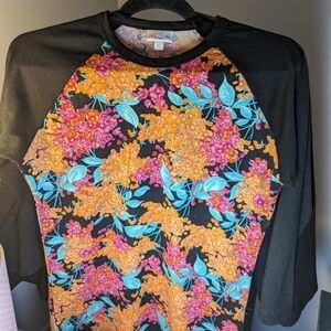 🧡 Lularoe XS Shirt blouse top Floral orange  Turquoise black sleeve